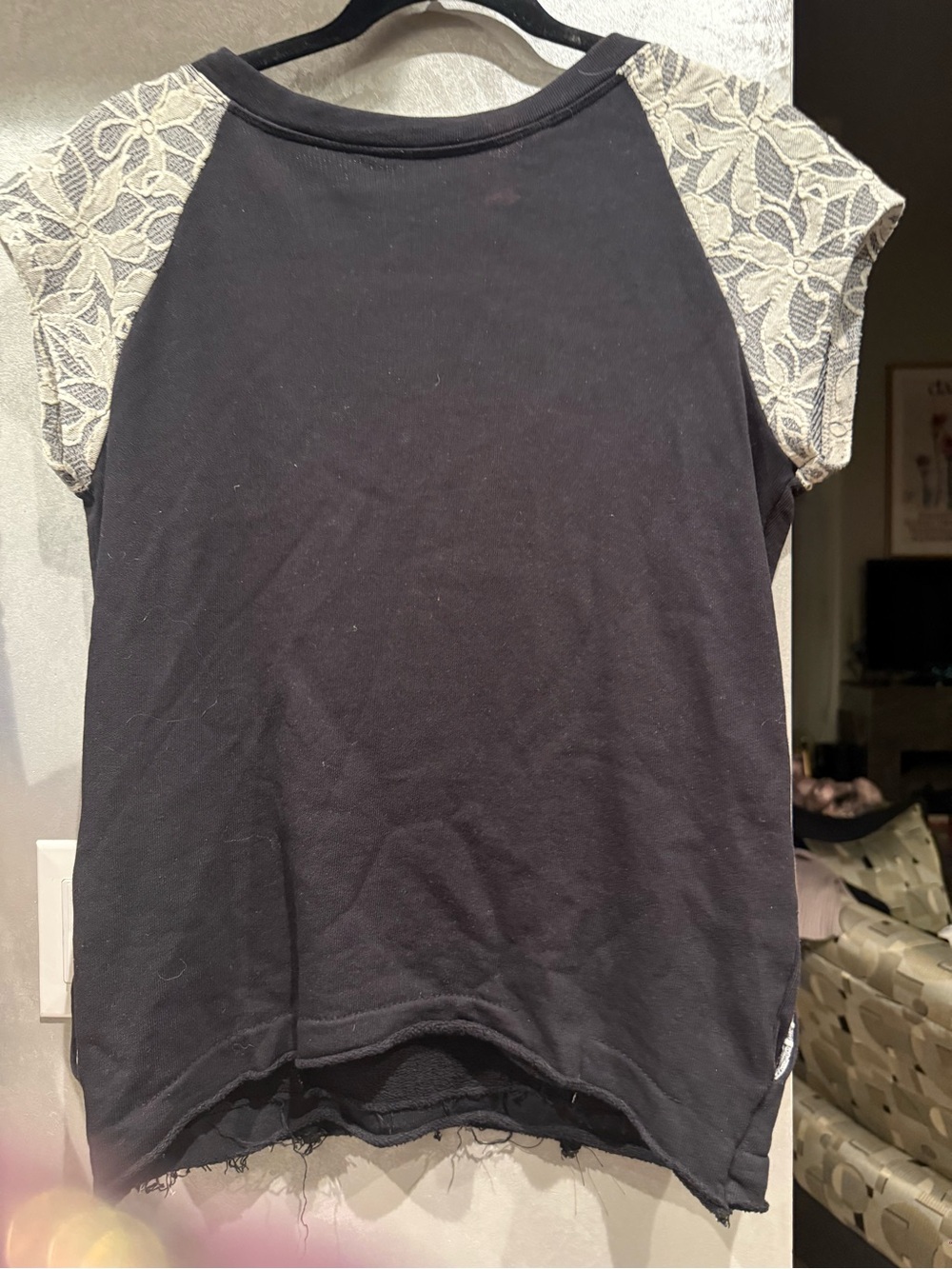 Source Unknown Black Tee with Cream Lace Cap Sleeves
